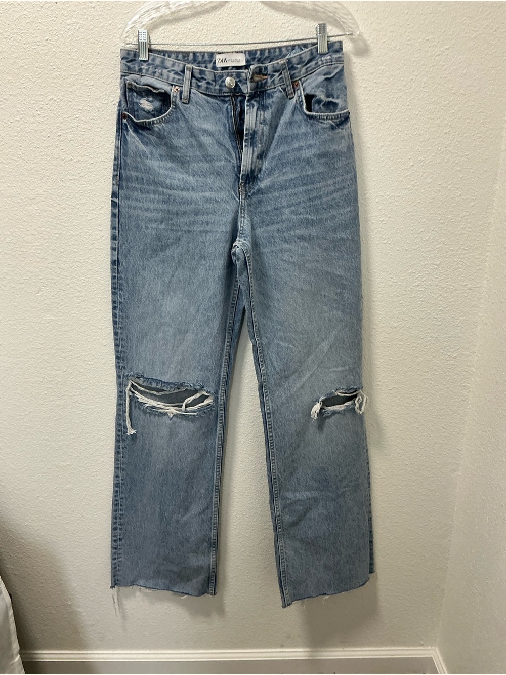 Zara TRF Ripped high rise wide leg jeans distressed mid blue size 8